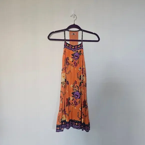 Urban Outfitters Ecote Gigi Boho Orange Floral Mini Dress Size XS - Picture 2 of 6